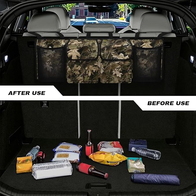 Camo Trunk Organizer for Car Storage Organizer with 4 Pockets, Space-Saving Trunk Storage Organizer with 2 Pockets & 2 Mesh Pouches for Groceries, Car Travel Accessories for Women and Men