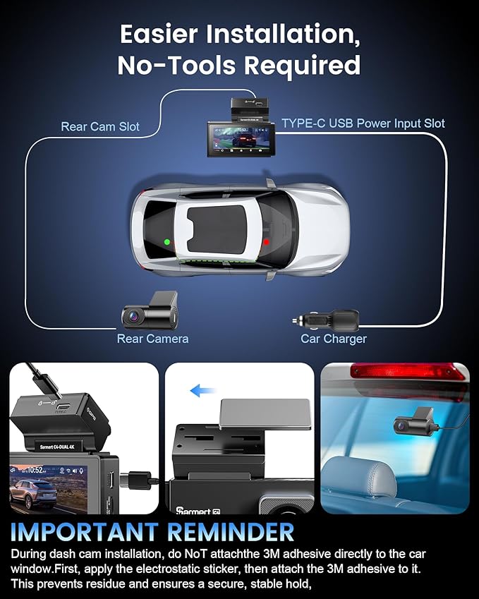 4K+4K Dash Cam Front and Rear, Sarmert C4 Dash Cam Free 128GB Card Included, Built-in GPS and 5G WiFi, HDR Night Vision, WDR Dash Camera for Cars, App, 24H Parking Mode
