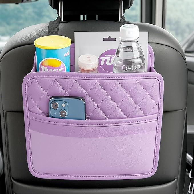 Mandark Car Seat Back Organizer, PU Leather Automotive Backseat Hanging Storage Pocket, Multipurpose Vehicle Travel Essentials Accessories for Kids & Adults, Universal for Most Cars (Purple)