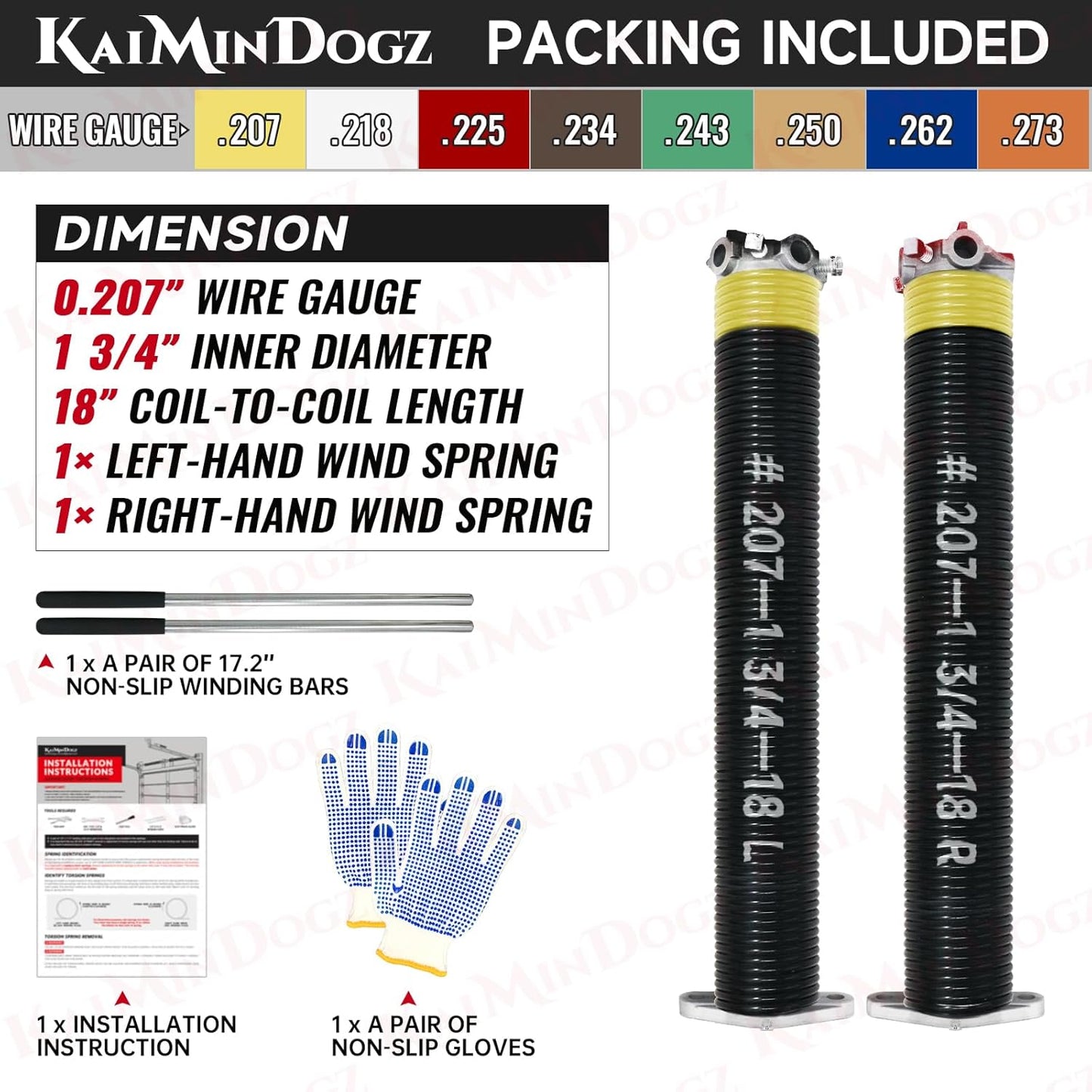 Pair of 1.75" Garage Door Torsion Springs Set with Non-Slip Winding Bars&Gloves, High Precision Electrophoresis Oil-Free Black Coated for Replacement, MIN 16,000 Cycles (0.207 x 1.75"x 18")