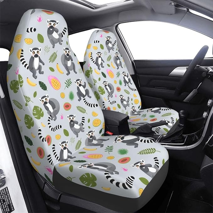 Delerain Car Seat Covers Set 2Pcs, Lemur with Tropical Fruits Universal Front Car Seats Vehicle Enterior Protector Suitable Fits Most Car Auto SUV Sedan Truck