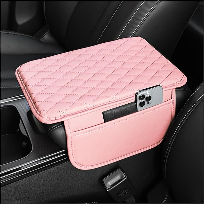 Upgraded Car Center Console Cover,Microfiber Leather Car Armrest Cover Cushion with 2 Storage Bags,Universal Cars Armrest Storage Box Cars Interior Accessories for Most Vehicles (Pink)