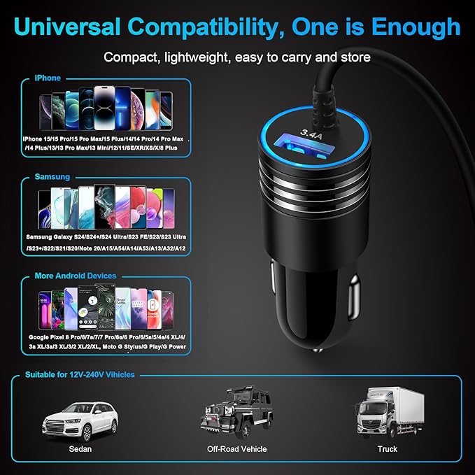Android Car Charger Type C Samsung Car Charger Fast Charging for Samsung Galaxy S26/S25/S24/A57/A37/A17/A56/A36/A26/A16/A15/A14/A54/A53 5G/A13/S23/S22/S21/S20/Z Flip7,3.4A Car Adapter+3ft USB C Cable