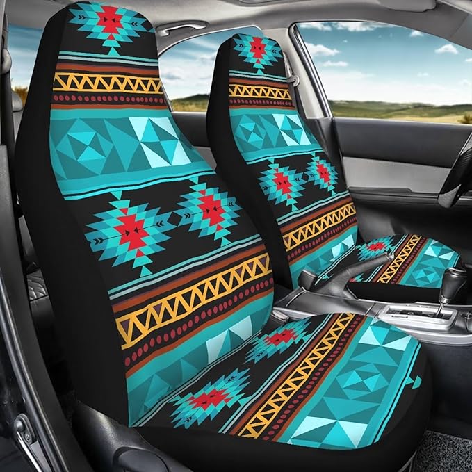 ELEQIN Aztec Turquoise Car Seat Covers Two Front Only for Car, Automotive Interior Covers, Airbag Compatible, Quick Setup Universal Fit Seat Covers for Car, Truck, SUV