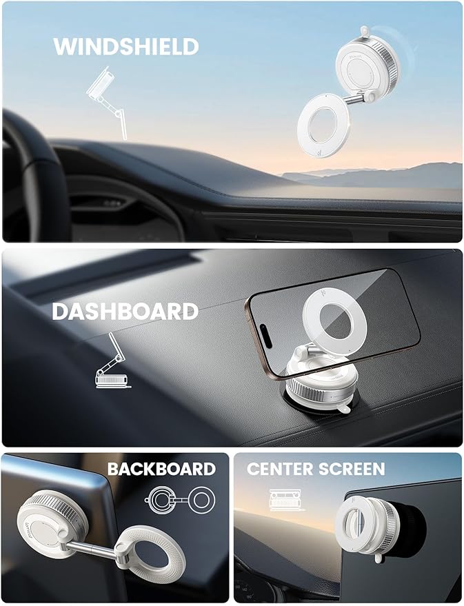 Lamicall Car Phone Mount - [70 LBS Strongest Suction] for Magsafe Car Mount, 360° Adjustable Suction Cup Phone Mount Dashboard Windshield Vacuum Magnetic Phone Holder for Car White
