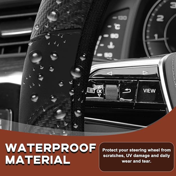 15" Car Steering Wheel Cover, Carbon Fiber Leather Stitching Elastic Steering Wheel Protector, Anti-Slip/Breathable/Durable/Soft, Interior Accessories for Most Cars (Carbon Fiber Black+Black)
