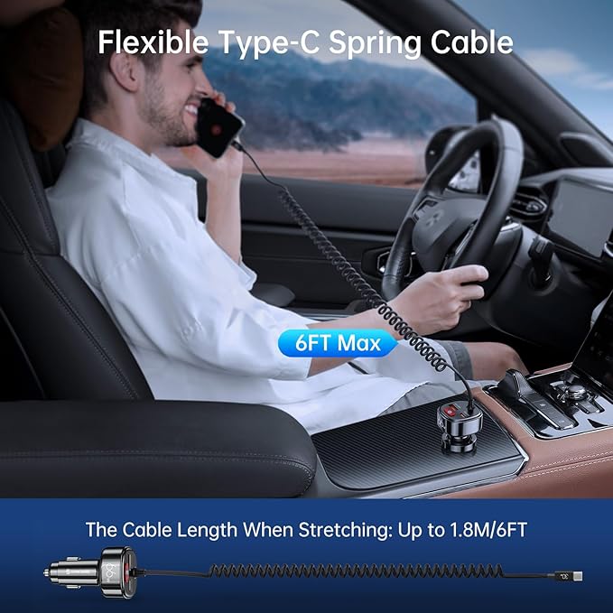 Syncwire USB C Car Charger with [Battery Leakage Prevention] 66W Super Fast Car Adapter with PD & QC 3.0 Built in 6FT Type C Coiled Cable for iPhone 17/16/15 Series, Samsung Galaxy/Google Pixel