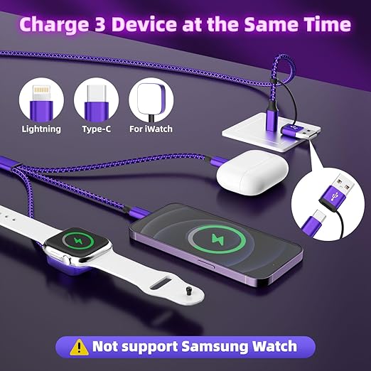 Travel Essentials 3in2 Multi Charging Cable for iPhone Watch Charger,USB A/C to Type C/IP/iWatch Charger,Travel Chargers for Multiple Devices Compatible with iWatch Series&iPhone 16-12 5FT
