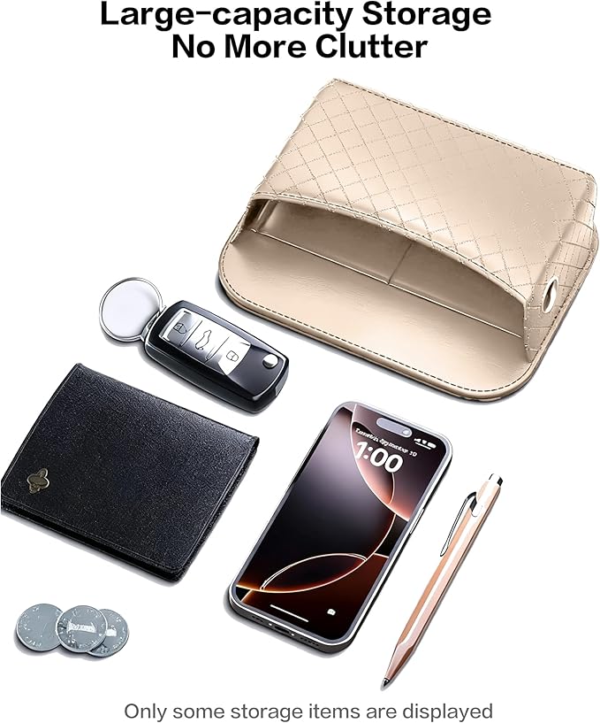Car Door Organizer, PU Leather Storage Pouch with Strong Sticky Back for Phone, Keys - Fits Car Seat Side Pocket & Console Gap, Universal Car Accessories - Beige