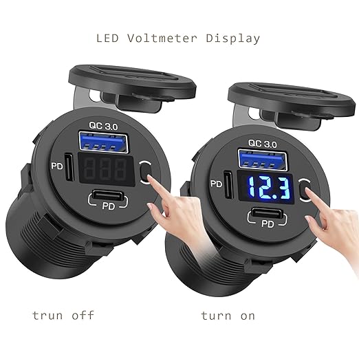 12V USB Outlet, Dual USB C Car Charger Socket & Quick Charge 3.0 Port with Voltmeter and Power Switch for Car Boat Marine Truck 2 Pack