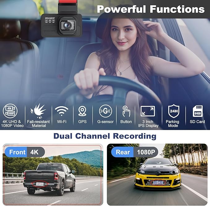 Dash Cam Front and Rear, 4K+1080P FHD Dual Camera with ADAS, GPS, 5G WiFi & App Control, 64GB Card Included, G-Sensor, Night Vision, Loop Recording, 170°Wide Angle, WDR, 24H Parking Mode