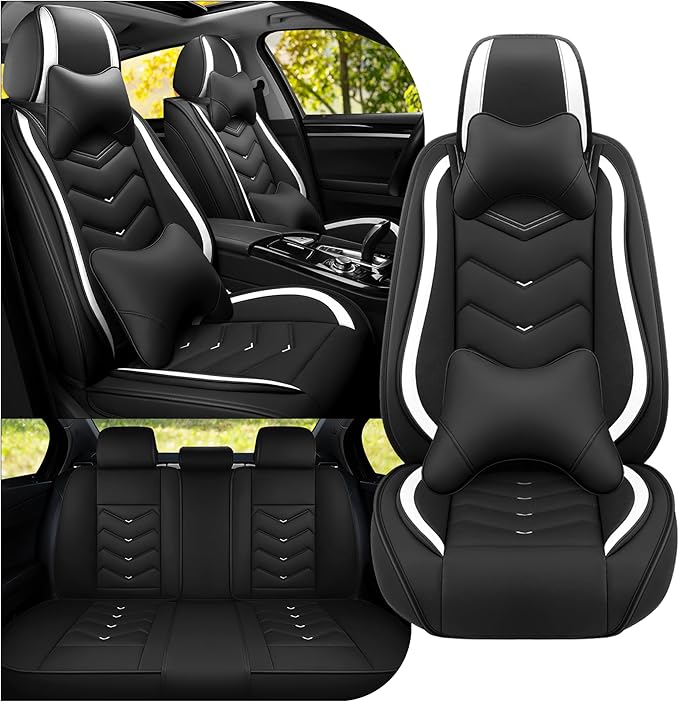 Car Seat Covers Fit for Toyota rav4 2000-2026, Stylish Sport Seat Covers, Waterproof Wear-Resistant Premium Nappa Leather Car Seat Cover.(Full Set with Pillow/Black White)