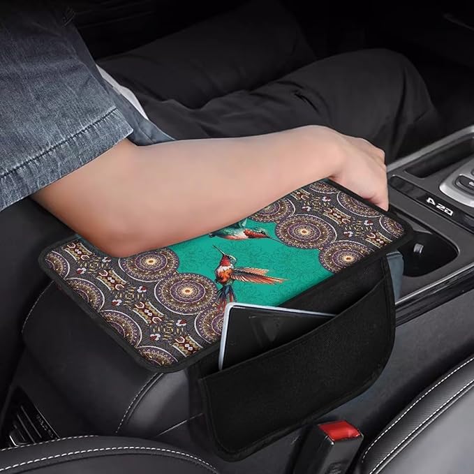 Bohemia Mandala Hummingbird Print Center Console Covers for Cars Stretchy Car Armrest Cushion Washable Automobile Armrest Covers Car Accessories Interior Protection