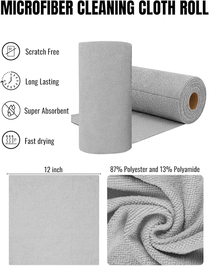30 Pack Microfiber Cleaning Cloth Roll Tear Away Towels, 12" x 12", Reusable Cleaning Rags and Microfiber Shop Paperless Towels for Cars, Garage and Household Cleaning Supplies Organizer