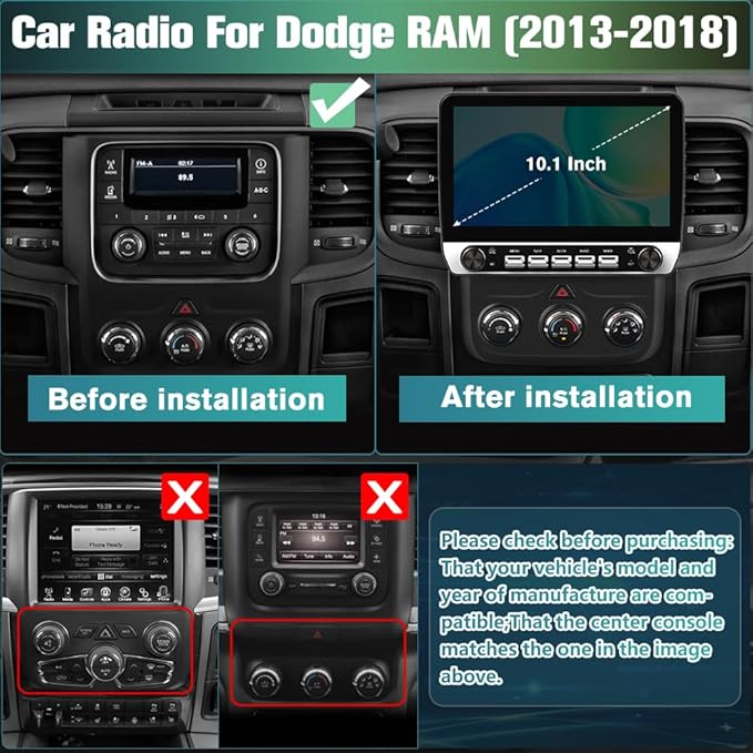 Car Radio Stereo Upgrade for Dodge RAM 1500/2500/3500 2013-2018, Android Head Unit with 10.1 Inch Touch Screen/Backup Camera/Wireless CarPlay & Android Auto/Mirroring/Wi-Fi/Bluetooth/SWC/FM/AM
