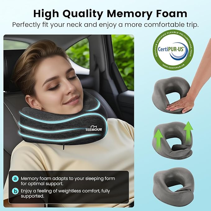 Travel Neck Pillow for Airplane -Memory Foam Travel Pillow for Long Flights/Car Sleep 360° Support Airplane Pillow, With Eye Mask & Earplugs, Portable Carry Bag | Airplane Accessories Washable Cover