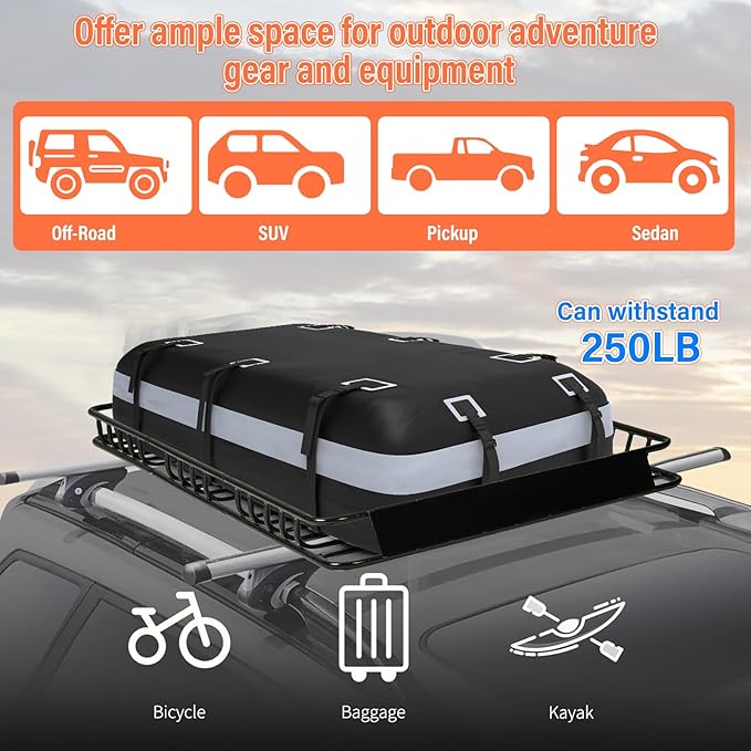 Heavy Duty Universal Rooftop Cargo Carrier Roof Rack, 64"x36"x5" Roof Rack Basket with 20 Cu.Ft Waterproof Bag, for SUV, Truck and Van, 250lbs Capacity, Corrosion Resistant (ROOF 64" and Bag)