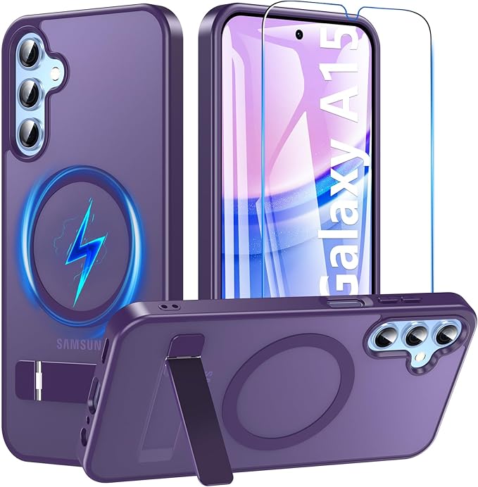 OWKEY for Samsung Galaxy A15 5G Phone Case with Screen Protector & Stand, Magnetic Case for Magsafe Military-Grade Protection Shockproof Matte Cover for Samsung Galaxy A15 5G (Purple)