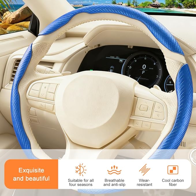 3PCS Carbon Fiber Car Steering Wheel Cover, Leather Segmented Anti-Skid Steering Wheel Protector, Snap on Automotive Interior Protection Accessories, Universal for Vehicles (Blue)