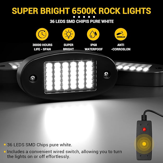 Hovano 12 Pods White Rock Light Kit with Wired Switch - 6500K Pure White LED Underglow, IP68 Waterproof, Super Bright 36 LEDs for Trailer Off Road SUV UTV ATV RZR Car