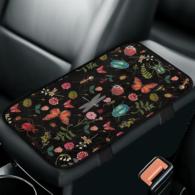 Butterflies Dragonflies Arm Rest Cover Car Easy to Install Car Center Console Cover Wear Resistant Arm Rest Lid Protector Cushion Universal Fit for Cars Trucks and SUVs