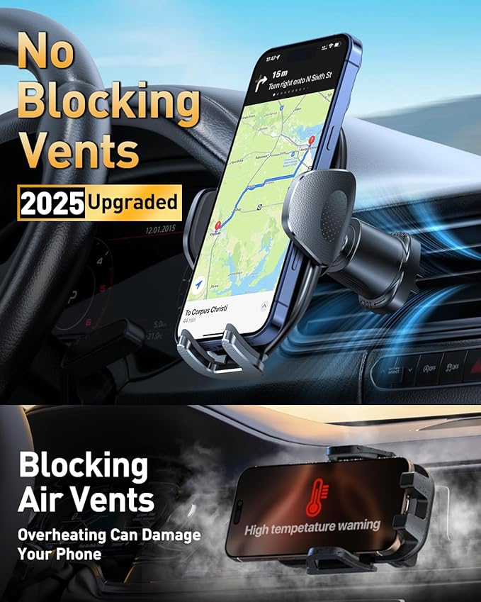 HTU 【Military-Grade Car Phone Holder,【Strongest & Longest Steel-Hook】 Car Vent Mount, Handsfree 360° Adjustable Automobile Cradle Air Clip Stand for iPhone 17 16 15 14 Pro Max Samsung (Graphite Gray)