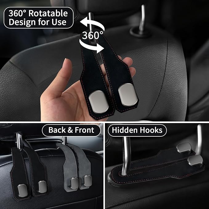 Car Seat Headrest Hooks for Purses and Bags, 4 Pack Bag Purse Holder for Car With Double Metal Hooks, Car Purse Hanger, Headrest Back Seat Handbags Hook Cute Hanging Accessories, Black