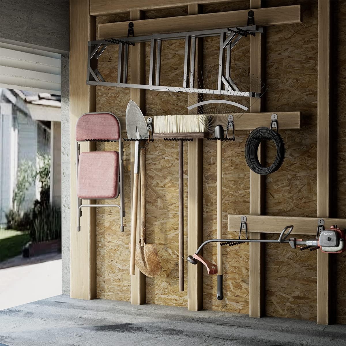 Garage Hooks, Large 2-Pack Shed Storage Hanger 11.8" Long Heavy Duty Wall Mount Double Holder with 2 Extension Cord Storage Straps, Organize Yard Utility Garden Tool Hanging Ladder Black