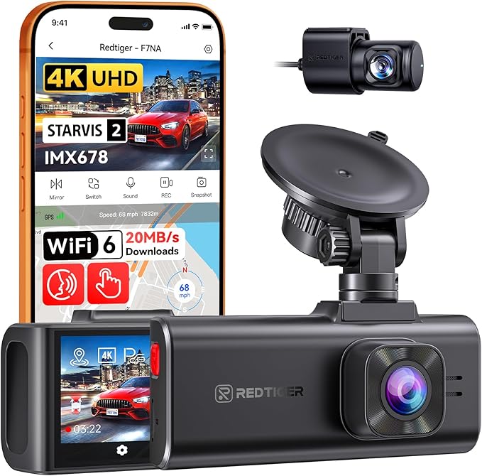 REDTIGER F7NA 4K Dual Dash Cam, STARVIS 2 IMX678, 8MP, 5GHz WiFi (20MB/s Fast Download), 4K Front 1080P Rear, GPS, Voice Control, WDR, HDR Night Vision, 24H Parking Mode, Support 512GB Max(No SD Card)