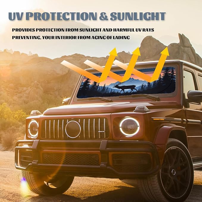 Elk Car Windshield Sunshades Mountain Sunset Forest Starry Night Silhouette Front Window Sun Shade Blocks UV Rays Sun Visor Protector for Car Sedan Truck SUV Accessories 59" L x 31.5" W