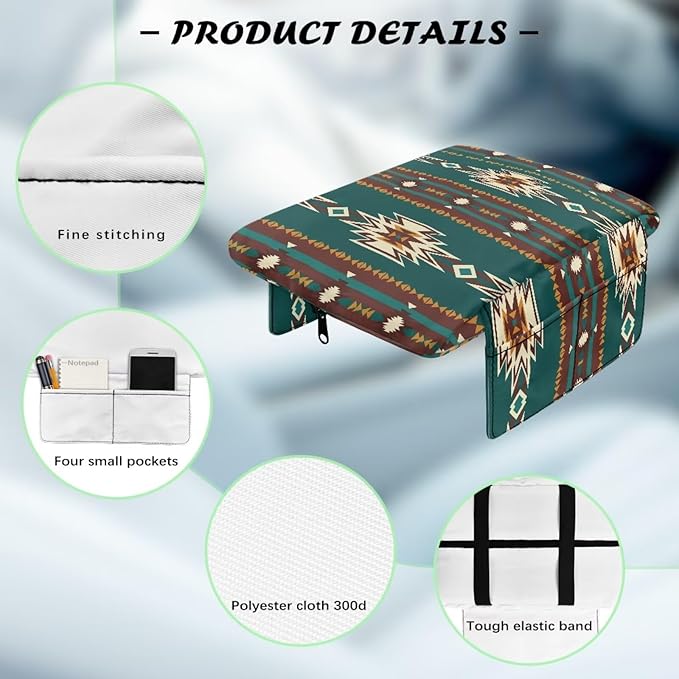 Dreaweet Aztec Arm Rest Cover for Car Thick Car Center Console Cover Pad with Pockets Green Anti-Scratch Car Armrest Cover Cushion Center Console Armrest Replacement