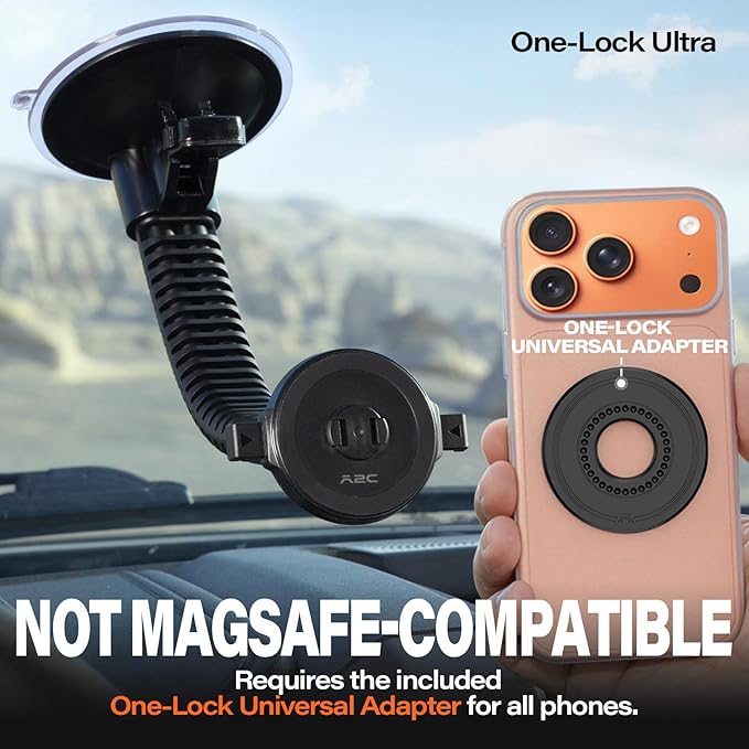 A2C One-Lock Ultra Off-Road Truck Phone Mount, Magnetic Alignment with Automatic Dual-Latch Locking System, One-Hand Quick Release, 4.33" Heavy-Duty Vacuum Suction Cup, Anti-Shake Double-Rib Metal Arm