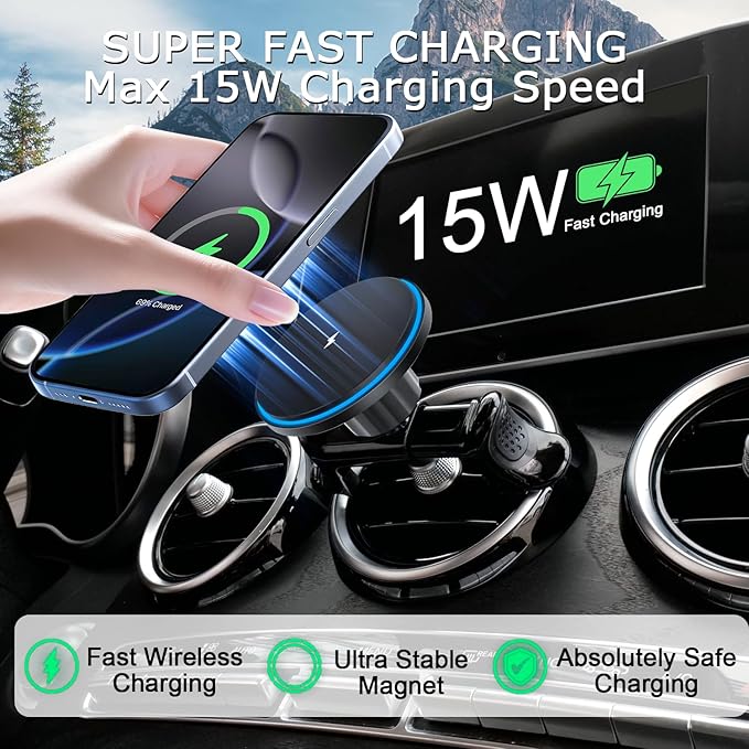 MagSafe Car Mount for Mercedes-Benz [15W Wireless Charging], Round Air Vent Holder, Compatible with Mercedes Benz GLC, C-Class, E-Class, A/B/C-Class, GLC/GLB/GLA/Sprinter, Mercedes Benz Accessories
