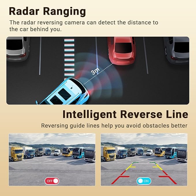 Hikity 7" Backup Camera Waterproof with Radar Detection/Night Vision/Reversing Guidelines, Front/Rear View Monitor Kit for US All Car Models - 12V Lighter Power, 170° Wide-Angle Lens