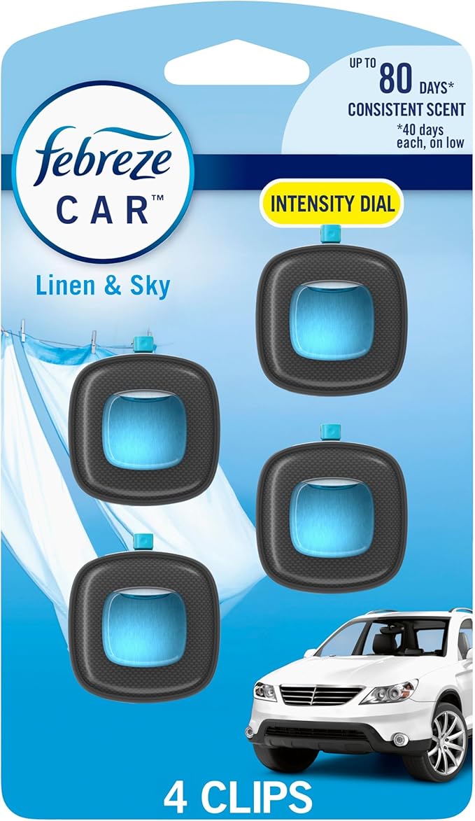 Febreze Car Air Freshener, Odor-Fighting Automotive Vent Clip, Scented Car Accessories, Long Lasting for Strong Odors, Linen & Sky Scent, 4 Count