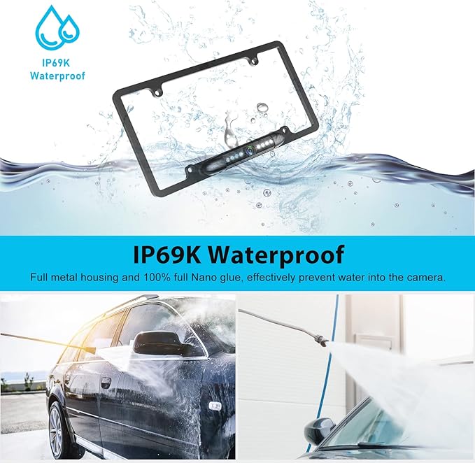 GLK Backup Camera 1080P Rear View Reverse Camera - License Plate Backup Camera, Startlight Night Vision Wide Angle IP69 Waterproof CVBS-AHD Metal Housing, for 12-24V Cars