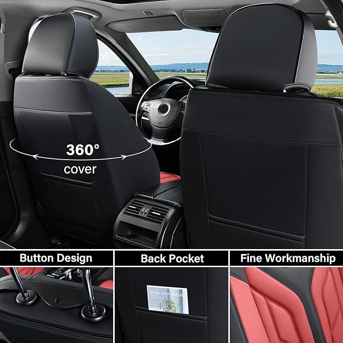 Coverado Car Seat Covers Full Set, Automotive Seat Covers Car Seat Protector Car Seat Cushion, Waterproof Leather Seat Covers for Cars, Universal Fit for Most Sedans SUV Pick-up Truck(Burgundy)