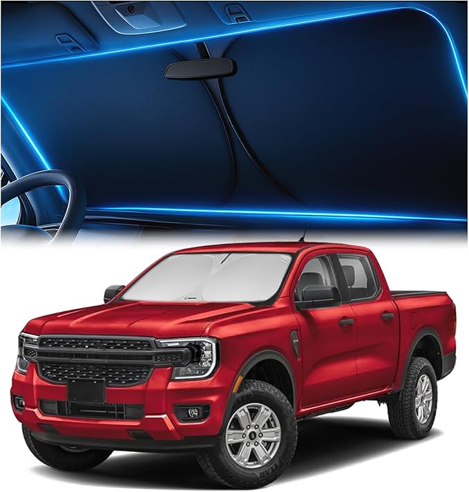 Windshield Sunshade for Ford Ranger 2019-2025 2026 – Upgraded Double-Layer Design, Mirror Cut-Out, Blocks 99% UV Rays, Thick & Durable, Easy-Fold Ford Ranger Windshield Sun Shade