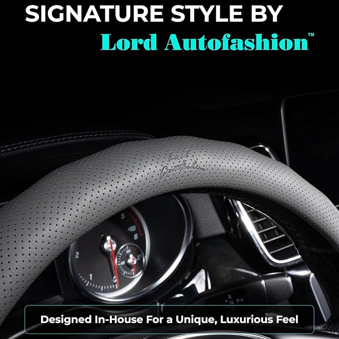 Lord Autofashion Steering Wheel Cover – PU Leather, Non-Slip Rubber Inner, All-Season Comfort – 14.5–15 Inch (Grey 8571)