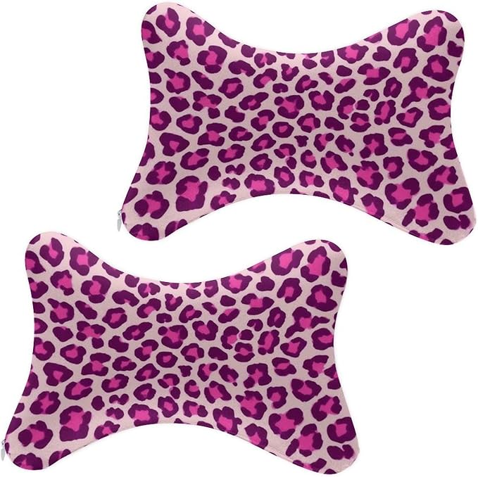 Car Pillow for Neck Pain Relief Support, Compatible with Pink Cheetah Leopard Print Memory Foam Car Neck Pillow for Car Seat with Adjustable Strap, 2 Pcs Car Headrest Pillow for Ergonomic Design