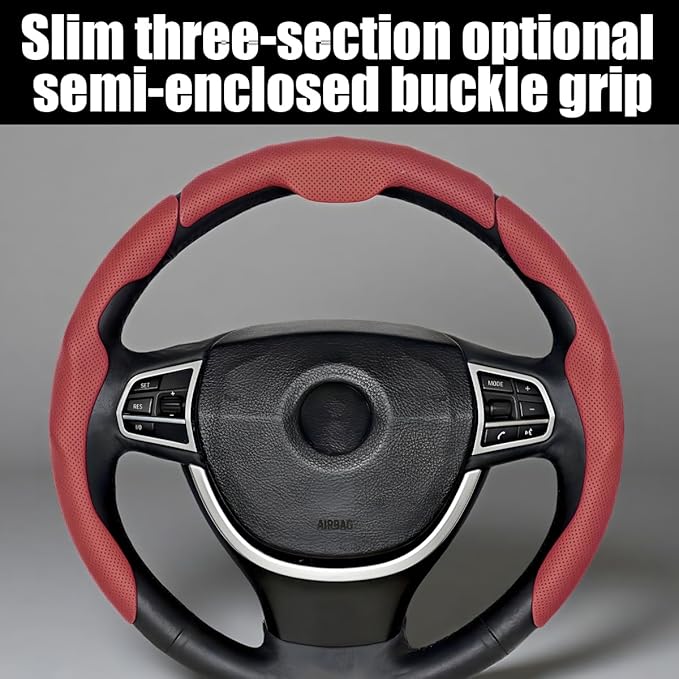 Car Steering Wheel Cover, Nappa Leather 15 Inch Snap-On 3PCS Set Vehicle Steer Wheel Wrap Protector, Non-Slip Automotive Interior Protection Accessories, Universal Fit (Black)