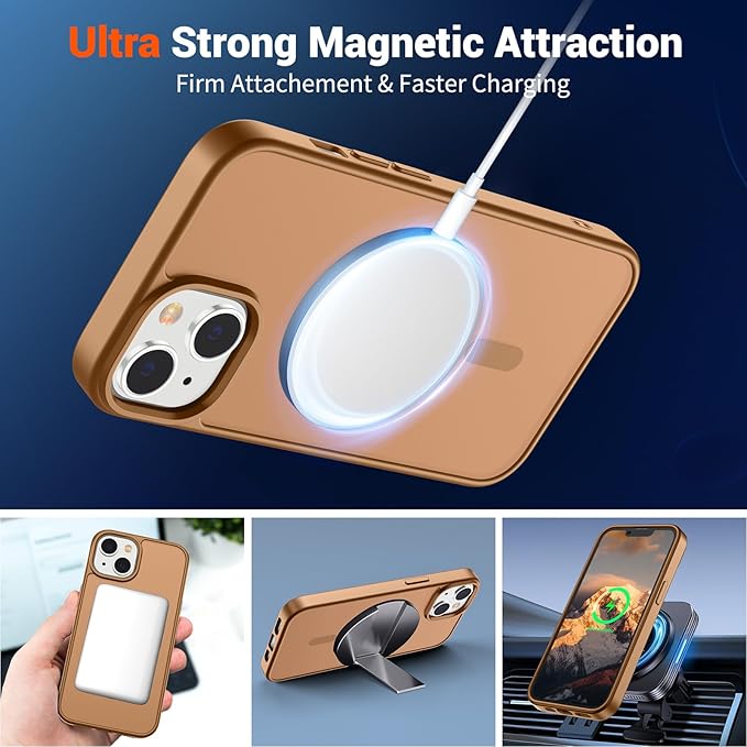 SUPFINE Magnetic for iPhone 14 Case & iPhone 13 Case (Compatible with MagSafe)(Military Grade Drop Protection) Slim Translucent Matte Shockproof Phone Cover,Brown