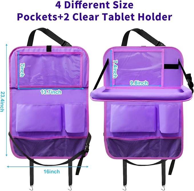 Car Seat Back Organizer Table Tray, Car Seat Storage Organizer for Kids with Foldable Tablet Holder, 6 Storage Pockets Kick Mats 600D Oxford, 2 Pack Purple