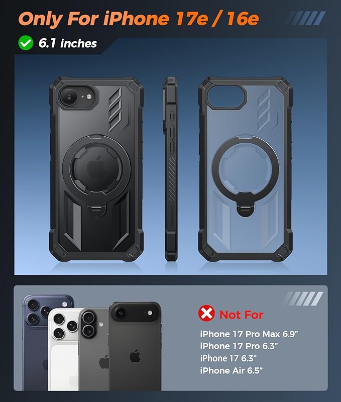 FNTCASE for iPhone 17e Phone Case: for iPhone 16e Case with [360 Spin Magnetic Ring Kickstand] [Compatible for MagSafe] [Screen Protector] Heavy Duty Military Grade Protection Case Translucent Black
