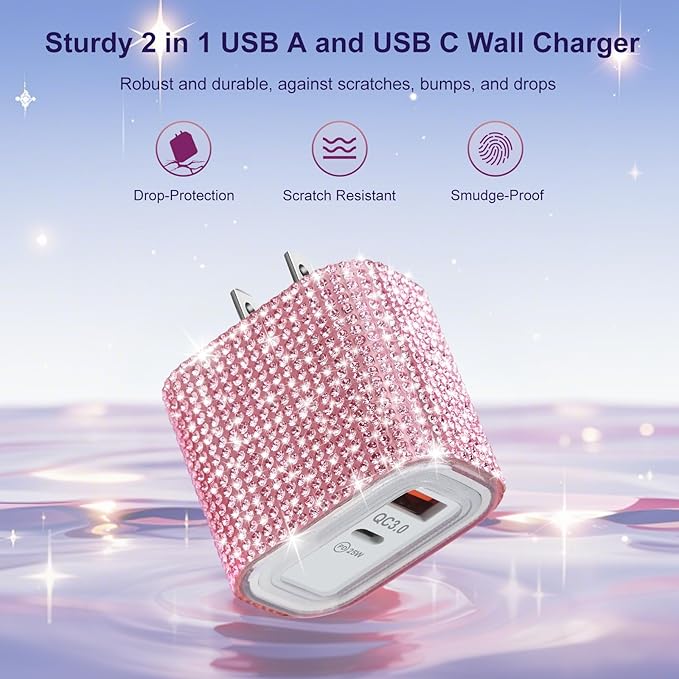 Aolcev for iPhone Charger Fast Charging Bling 2 in 1 USB A USB C Charger Block 25W Type C Fast Charging Blocks for iPhone 17 16 15 14 13 iPad Bling USB C Adapter for Galaxy S26 S25 Rhinestones Pink