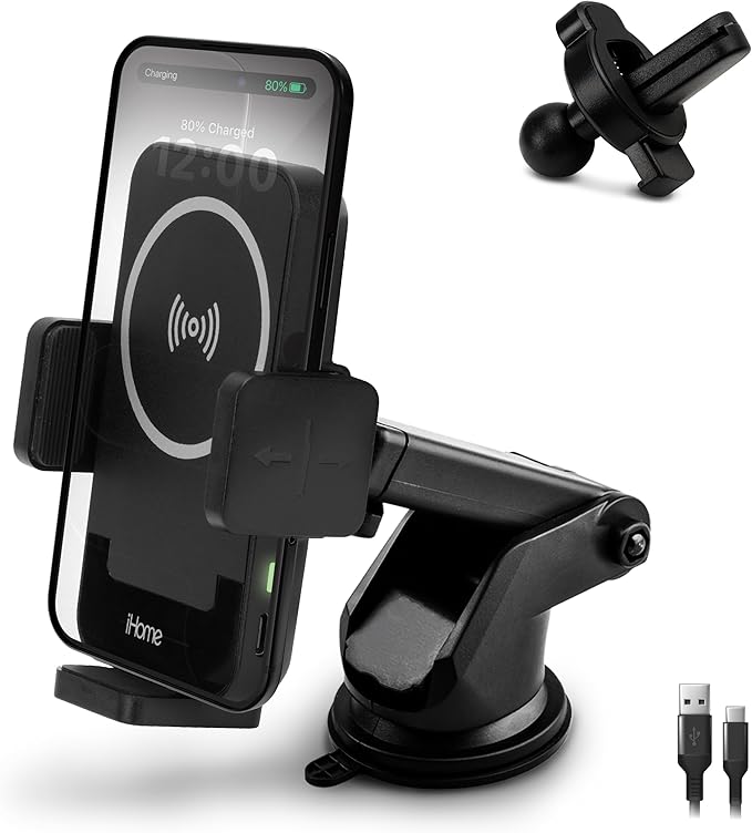 iHome Car Mount, Dashboard/Windshield/Vent Mount, Swivel Neck, Silicone Grip, Adjustable Mount Arm with Suction Cup Base (Wireless Charging Car Mount)