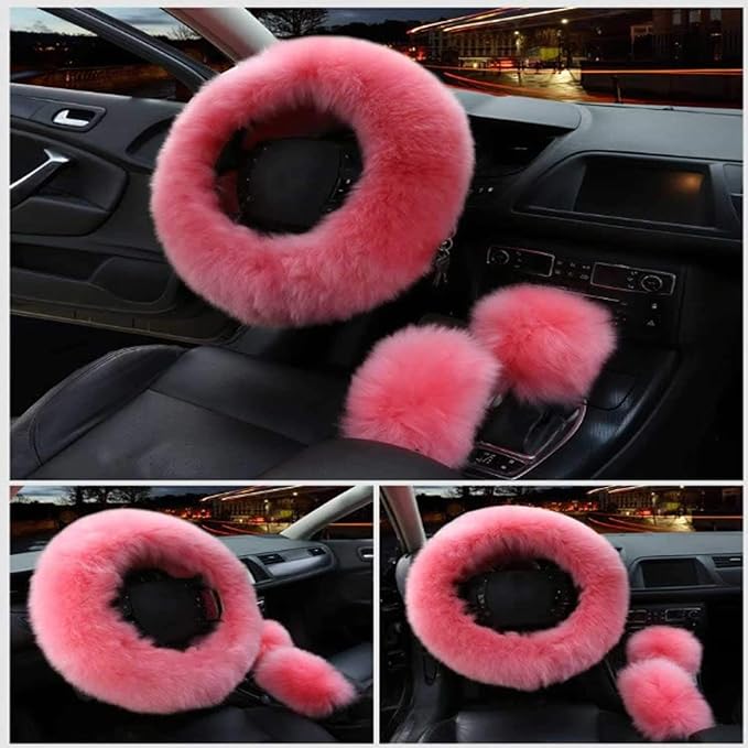 1 Set 3 Pcs Car Steering Wheel Cover & Handbrake Cover & Gear Shift Cover Set Faux Wool Warm Winter (Pink-3pcs)