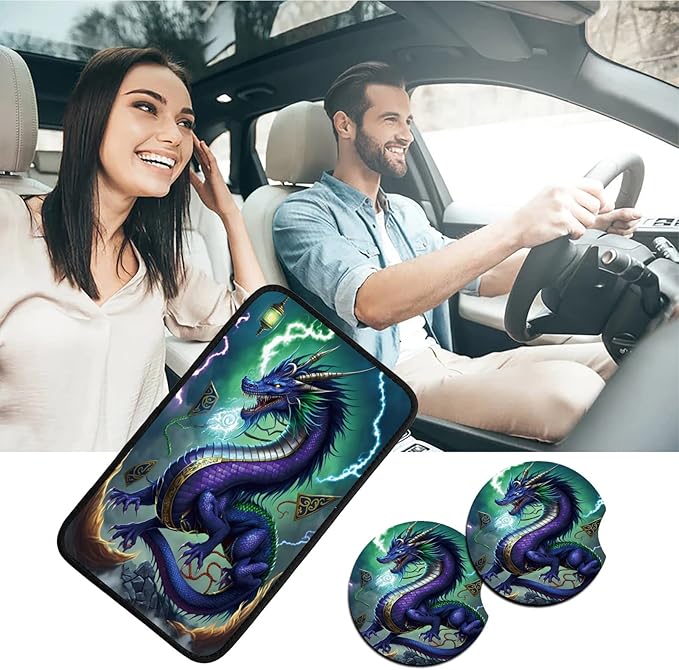Car Armrest Cover Pads Universal Fashion Cute Auto Center Console Armrest Cover Pad with 2PCS Car Coasters Soft Waterproof Car Armrest Seat Protector for Women Girls, Blue Dragon