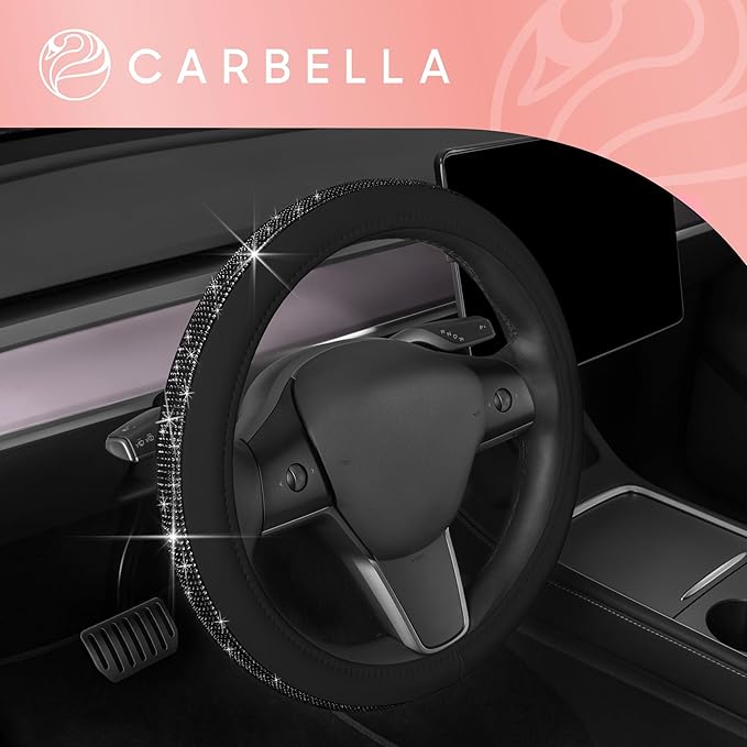 Carbella Leatherette Crystal Bling Steering Wheel Cover for Car SUV, Glitter Sparkle Rhinestone Cute Car Accessories for Women Universal Fit Standard Size (Fits 14.5"-15") - Black w/Black Bling