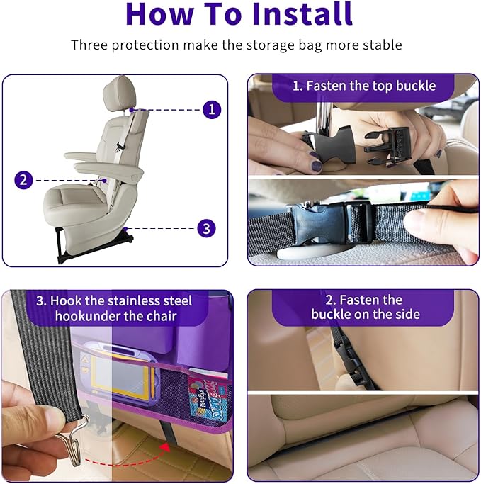 Car Backseat Organizer with Tray, Seat Back Table Holder with 6 Storage Pockets, Car Seat Back Protectors Kick Mats Travel Accessories, 1 Pc Purple